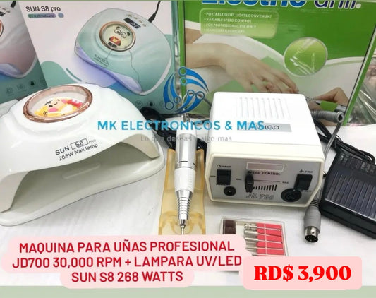 Combo máquina profesional JD400 30,000 RPM más Lampara UV/LED Sun S8 288 Watts