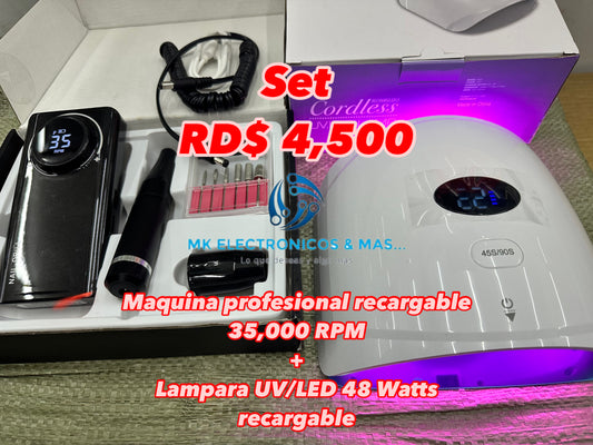 Combo máquina profesional recargable 35,000 RPM mas Lampara UV/LED 48 Watts