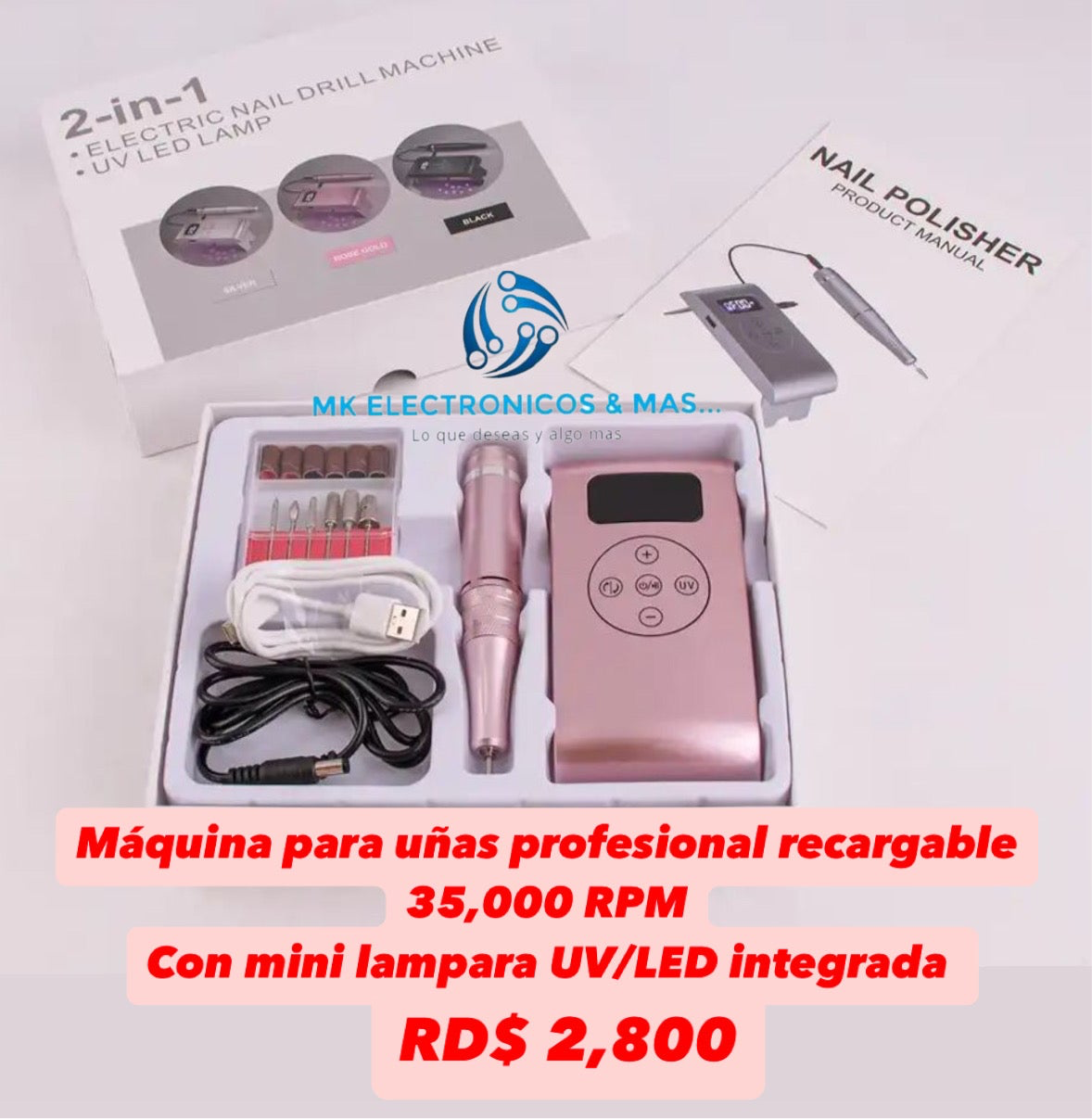 Maquina de uñas profesional recargable 35,000 RPM 2 en 1